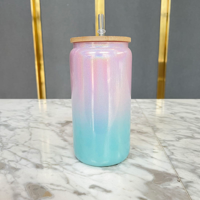 16oz IRIDESCENT SUBLIMATION CAN SHAPED GLASS CUPS - BAMBOO LIDS