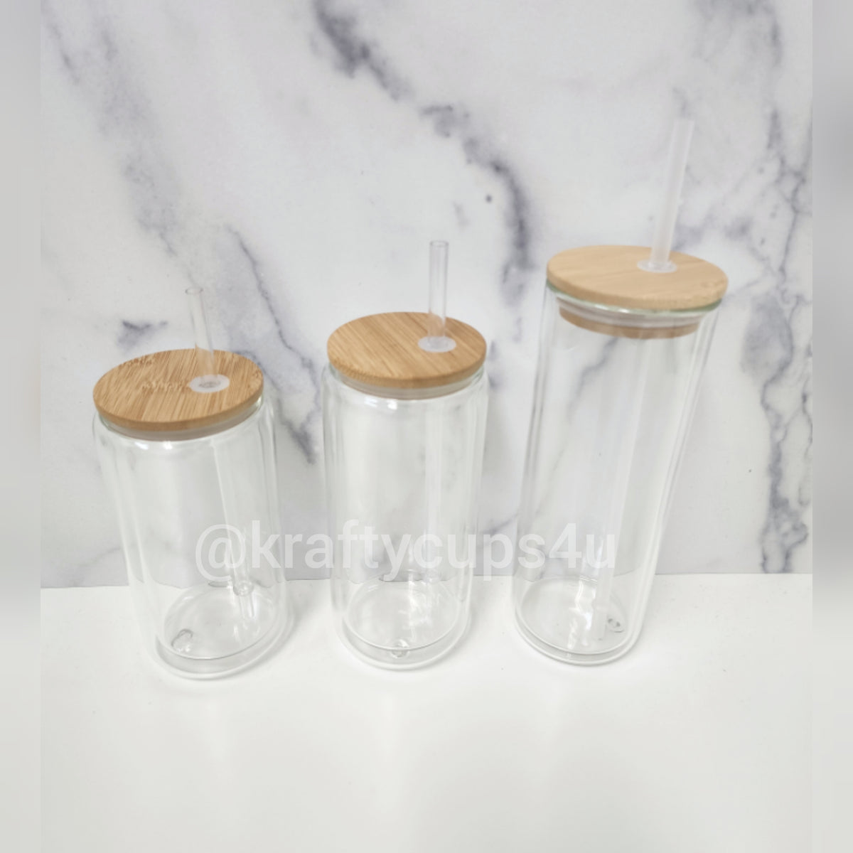 15oz Clear/Frosted Sublimation Glass Tumbler with Handle & Bamboo