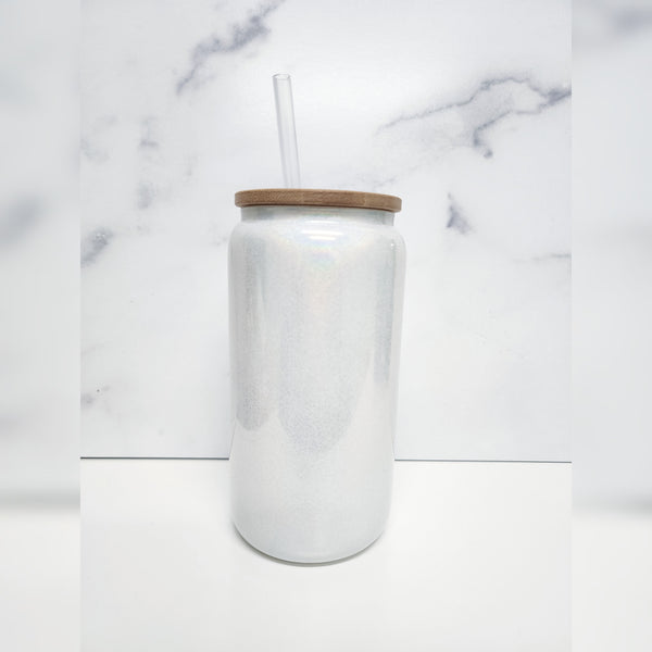 16oz White Shimmer Sublimation Glass Can
